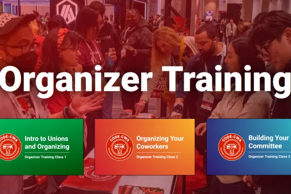 Photo of CWA members having organizing conversations at a conference with the title "Organizer Training" and thumbnails for different classes.