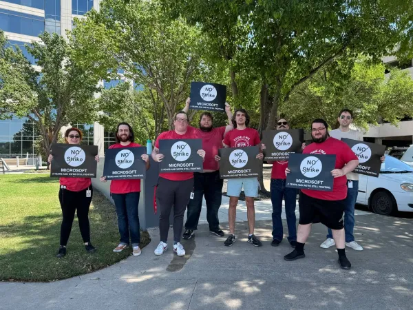ZeniMax Workers United-CWA members rallying outside the ZeniMax office in Texas.